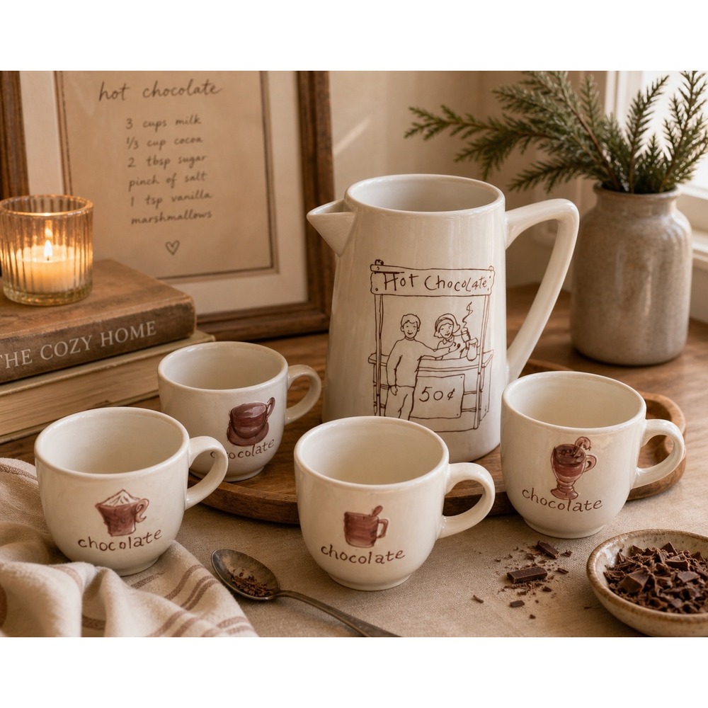 French Café Hot‎ Chocolate Ceramic Pitcher Pot 42 Ounce Capacity & Set of 4 mugs